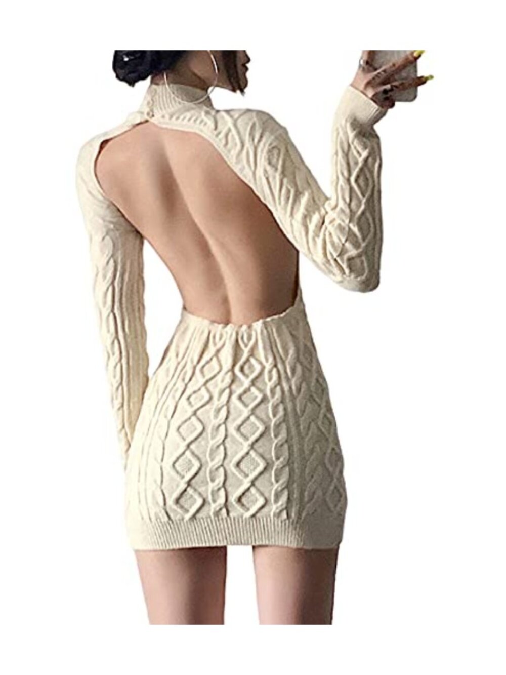 Women's High Neck Cable Knit Sweater Dress Long Sleeve Backless Cut Out